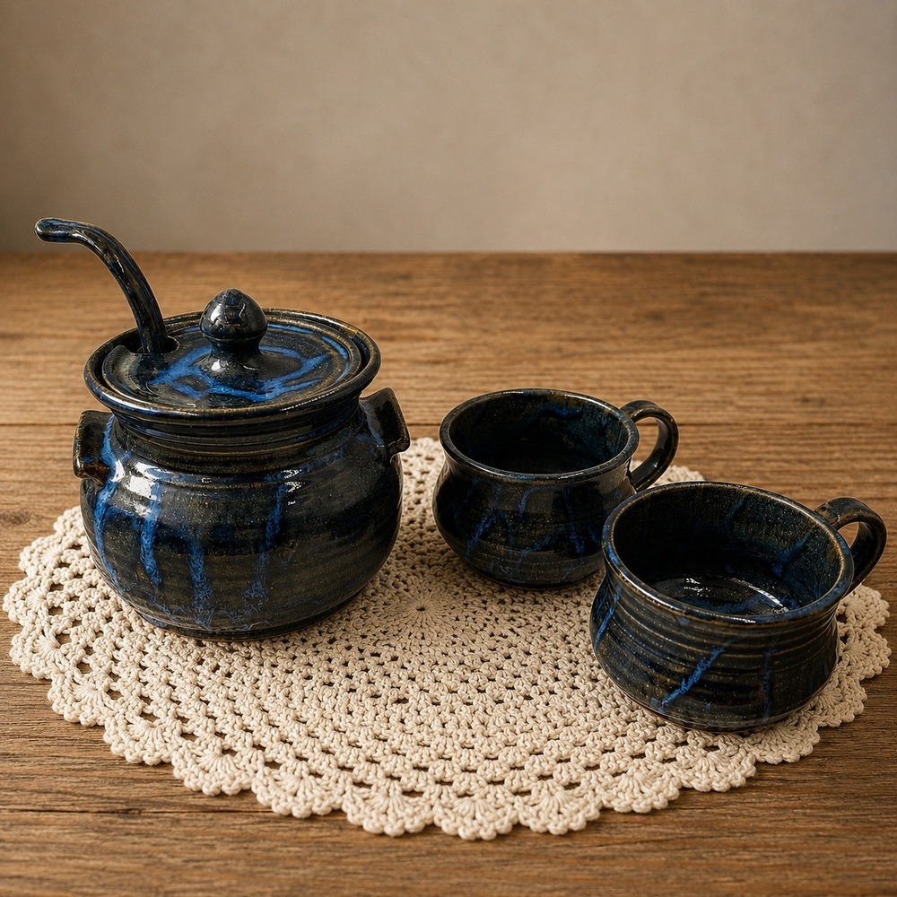 Vintage Signed Studio Pottery Soup Pot with Lid Ladle and 2‎ Bowls Blue Glaze